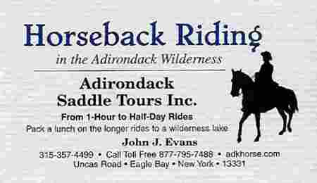 Adirondack Saddle Tours, Inc. Eagle Bay, NY on Uncas Road, just north of NY 28. call 315-357-4499 or 877-795-7488, guided tours on back trails, John J. Evans owner