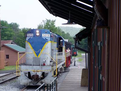 Engine and Train Arriving North Creek RR Depot